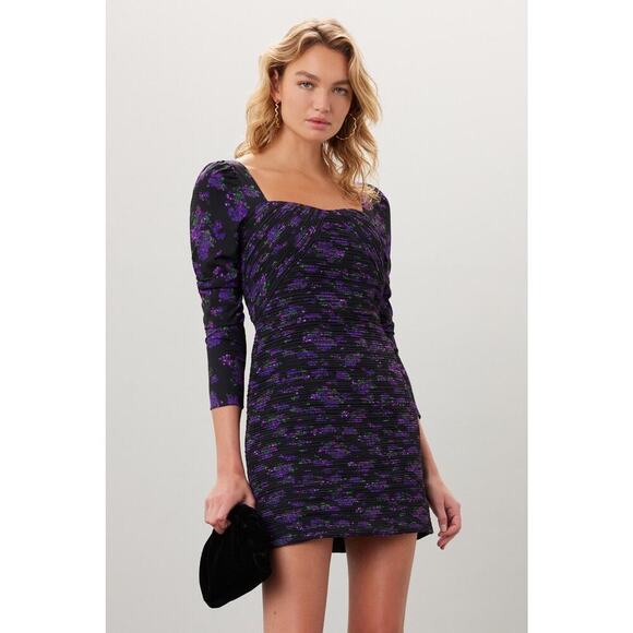 AMUR Dresses & Skirts - AMUR Giulia Pleated Purple Floral Ruching Black Long Sleeve Mini Dress Womens 6